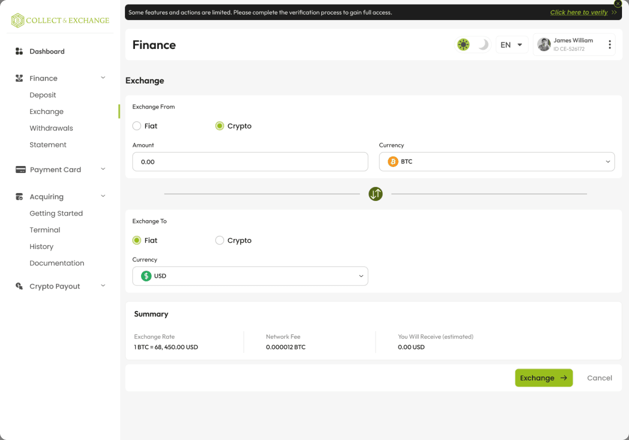 Exchange crypto to fiat on the Collect & Exchange platform