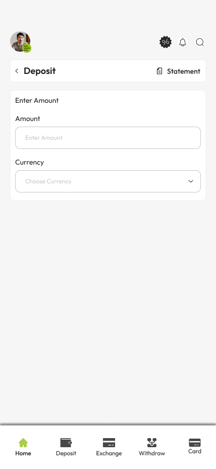 Deposit and transactions screen