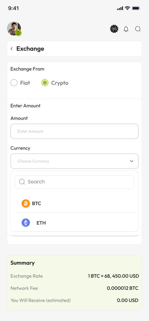 Phone showing exchange screen for selecting crypto to cash out