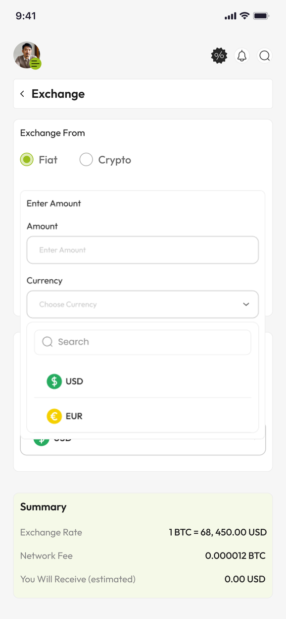 Phone showing exchange screen for choosing fiat currency