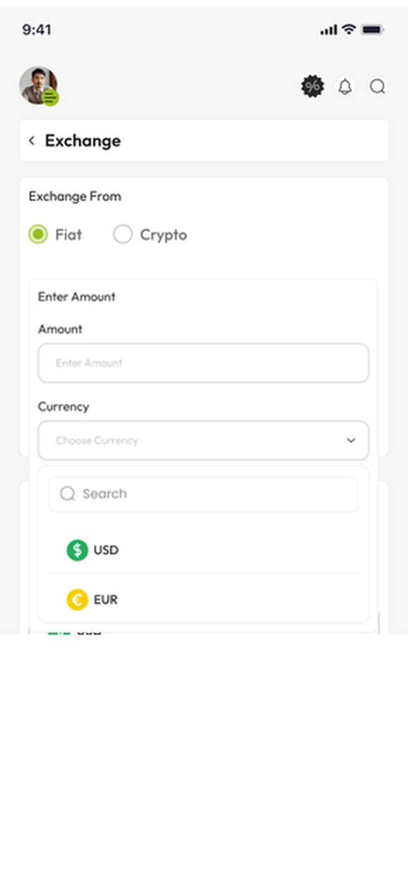 Exchange screen for selecting fiat currency