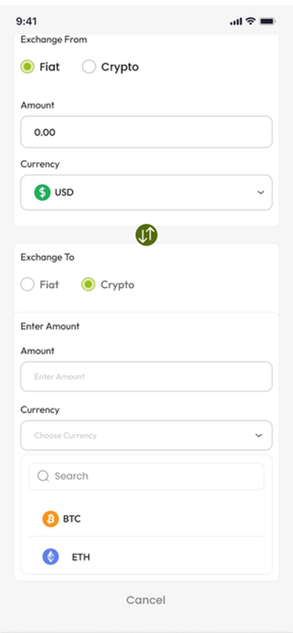 Exchange screen for choosing crypto to buy