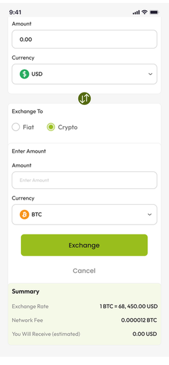 Exchange summary and confirmation screen