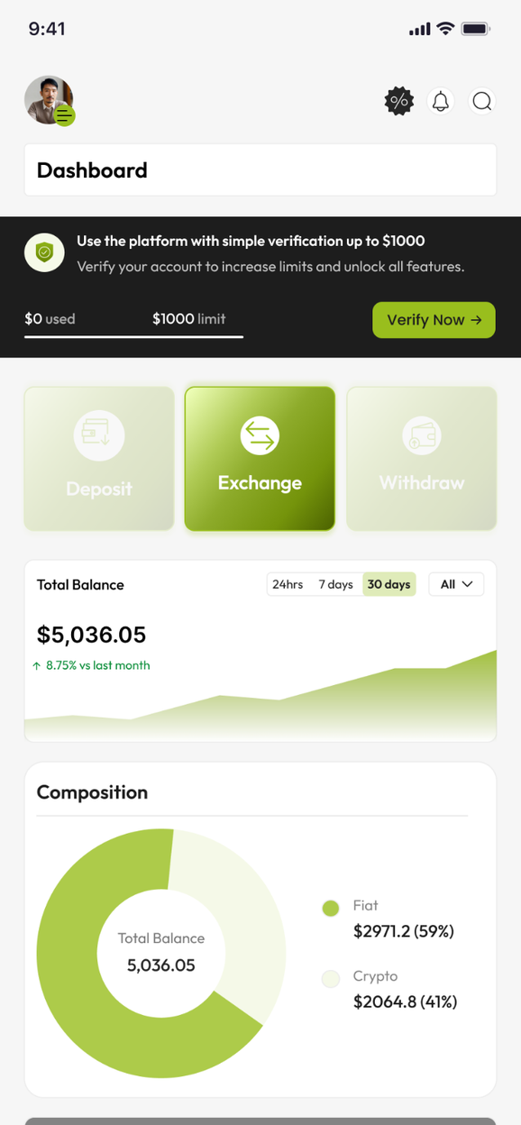 Dashboard with Exchange swap option highlighted