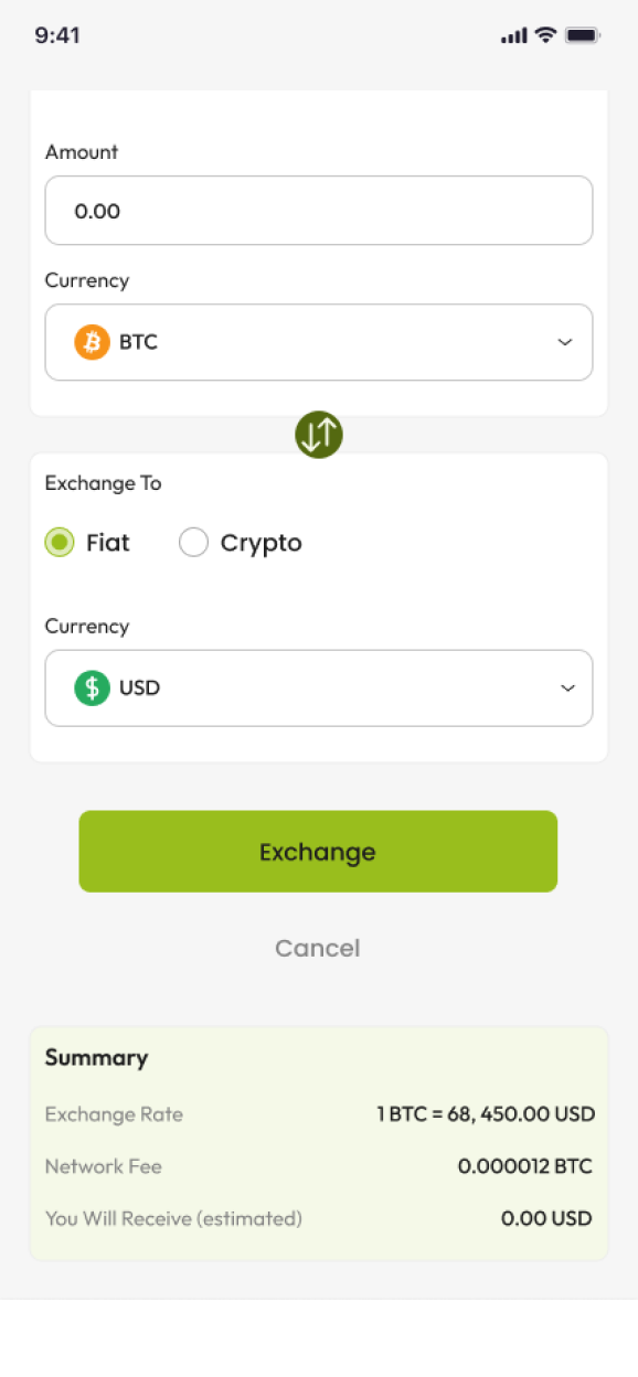 Exchange summary and confirmation screen